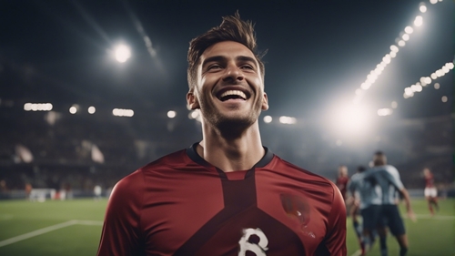 Un futbolista sonriente con camiseta roja