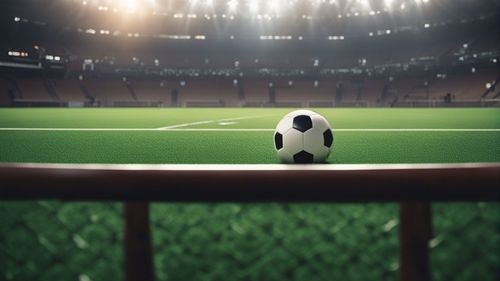 Un terrain de football vide, avec un ballon en premier plan