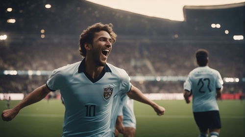 Un jugador en un estadio ganador con un polo azul claro